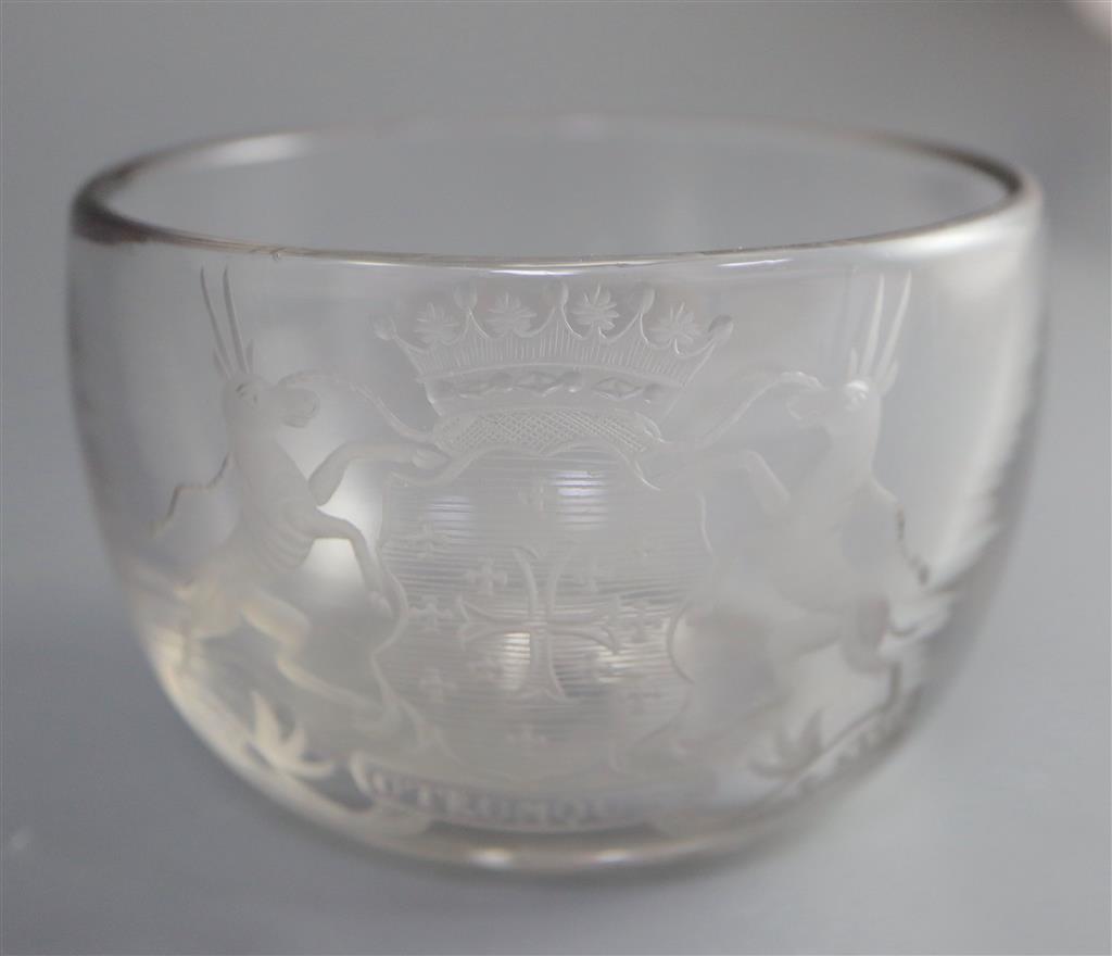 An armorial glass sugar bowl, mid 18th century, 10.2cm diameter